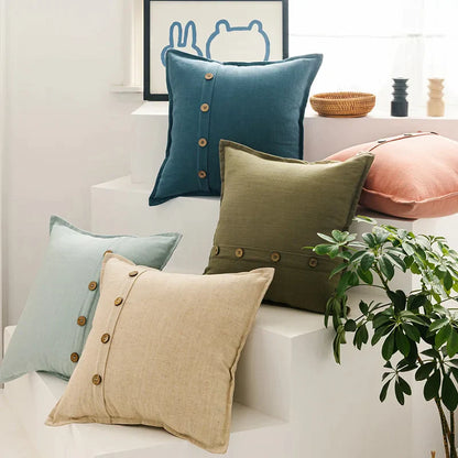 DecorBites™ Cotton Linen Cushion Cover 45x45cm in Pink Blue Green Beige with Coconut Buttons for Home Décor