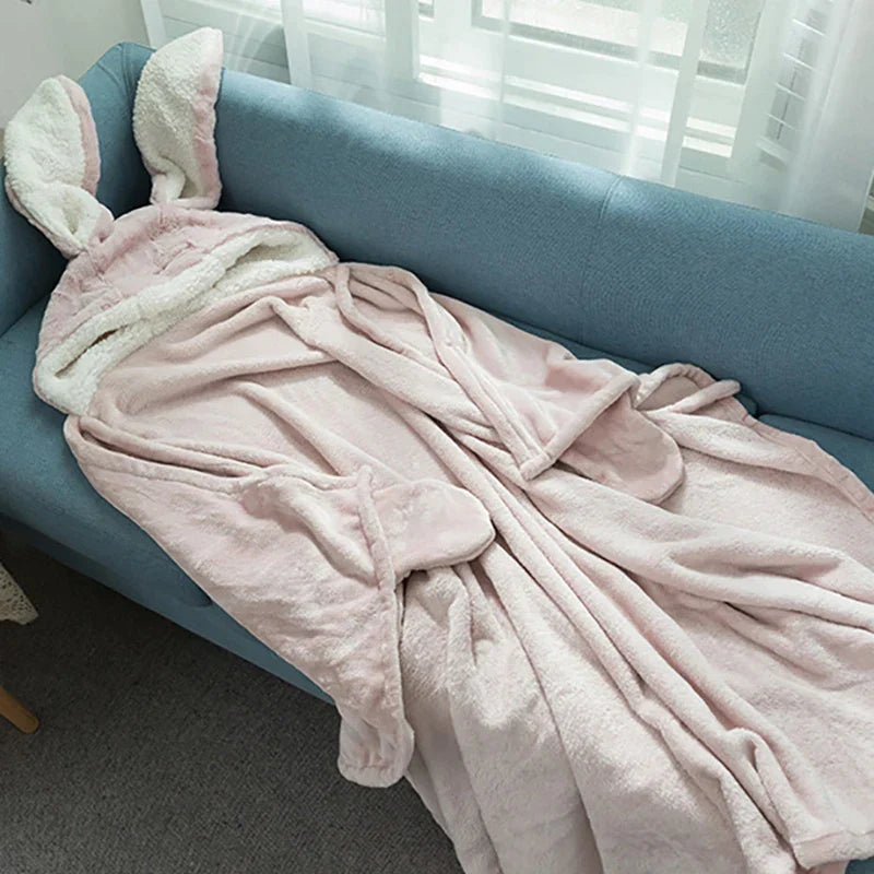 DecorBites™ Kawaii Rabbit Hooded Blanket: Coral Velvet Warm Throw Blanket for Adults and Kids