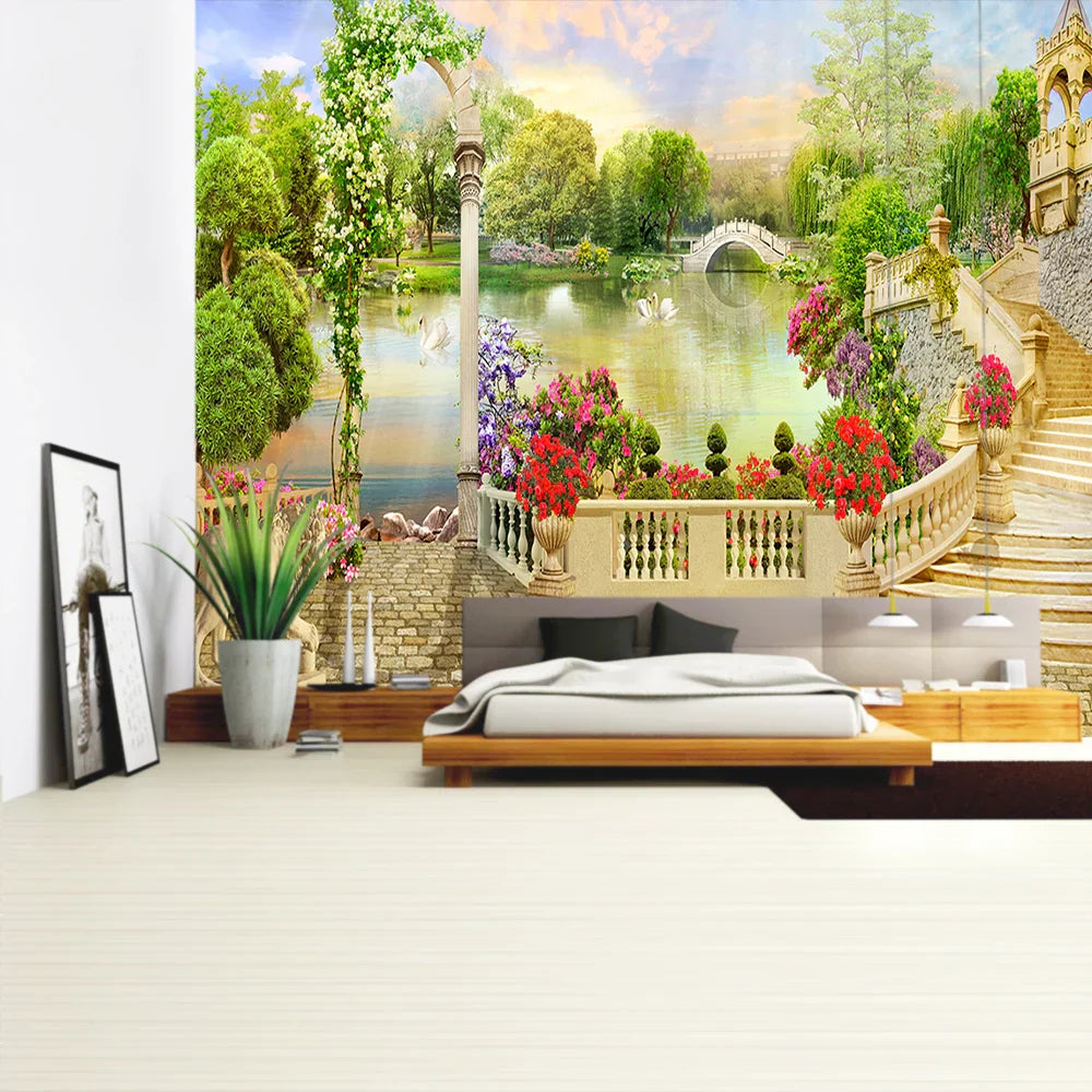 DecorBites™ Green Plant Landscape Tapestry | Boho Wall Hanging for City Castle Hill