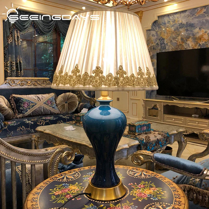 DecorBites™ American Luxury Ceramic Table Lamp - European Style Bedroom Bedside Light