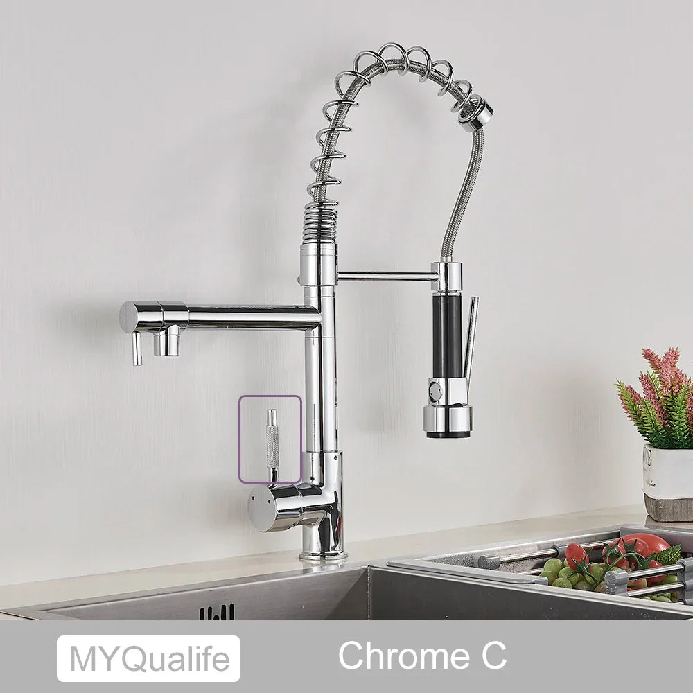 DecorBites™ Black Brass Kitchen Faucet with Dual Spout, 360 Rotation, Deck Mounted