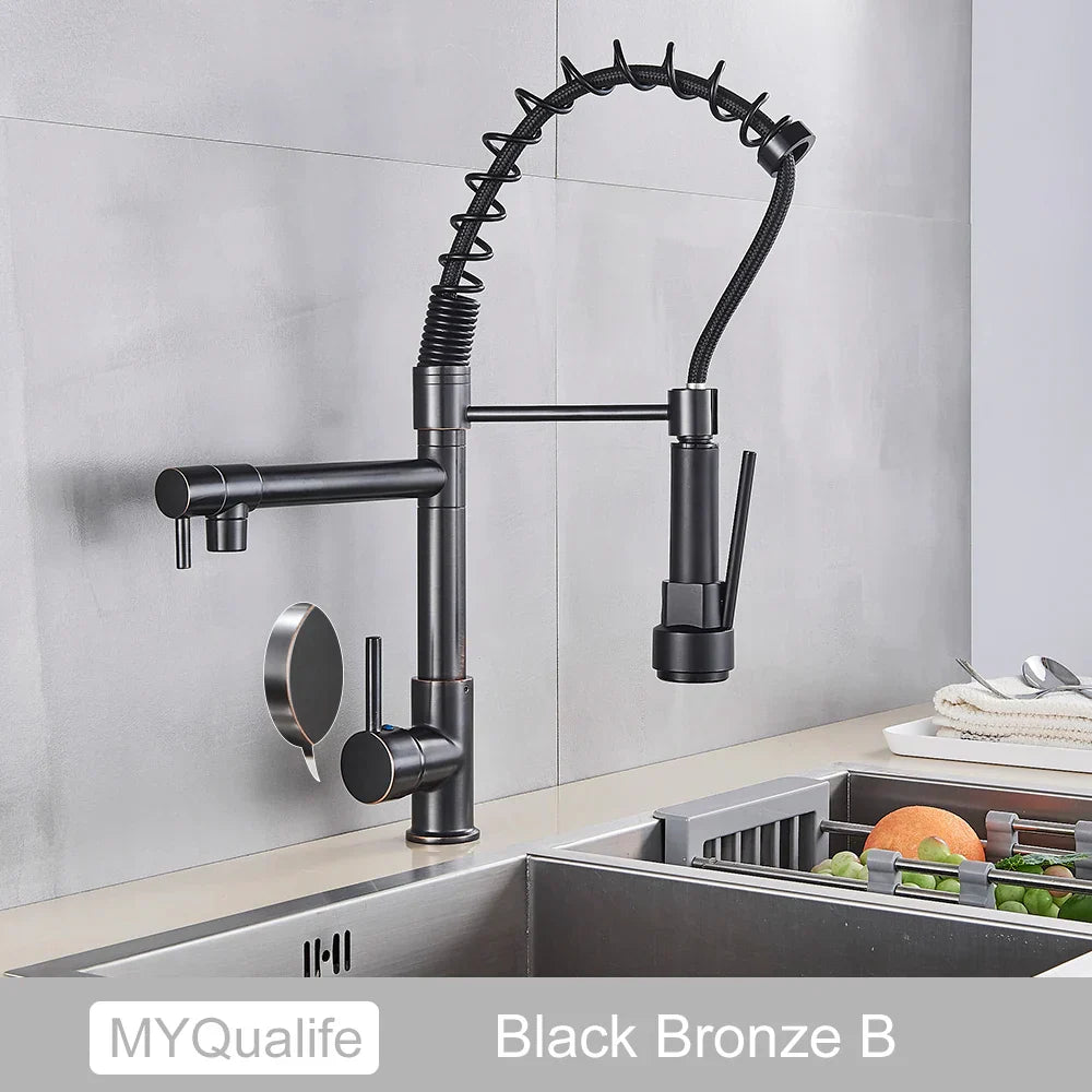 DecorBites™ Black Brass Kitchen Faucet with Dual Spout, 360 Rotation, Deck Mounted