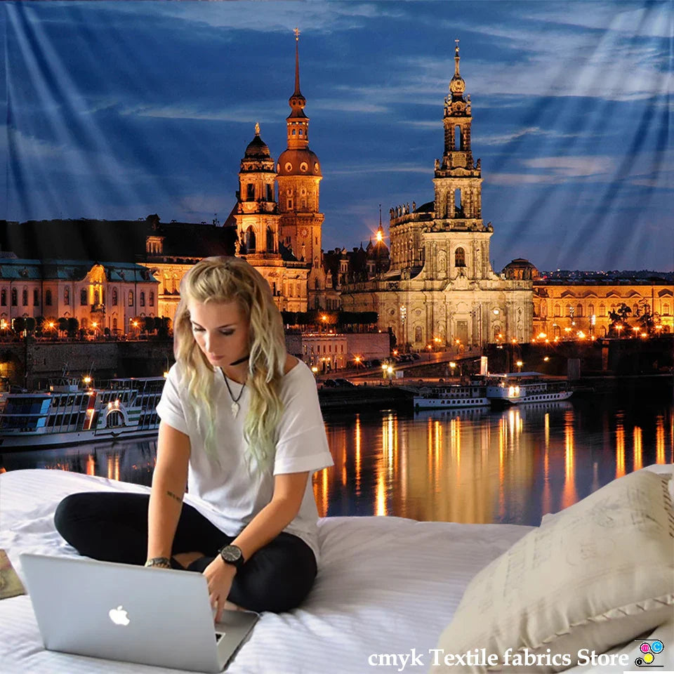 DecorBites™ City Night Scene Tapestry with European London Style Wall Hanging