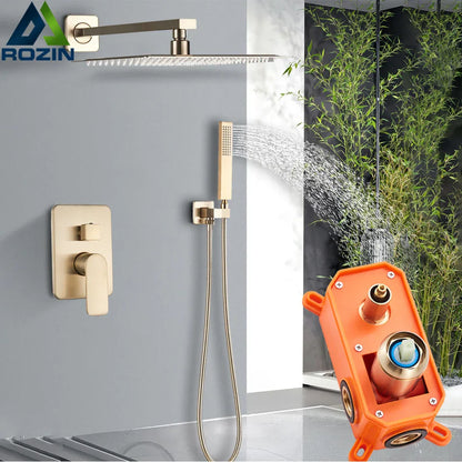 DecorBites™ Brushed Gold Rainfall Shower Set with Single Handle Wall Mounted Mixer