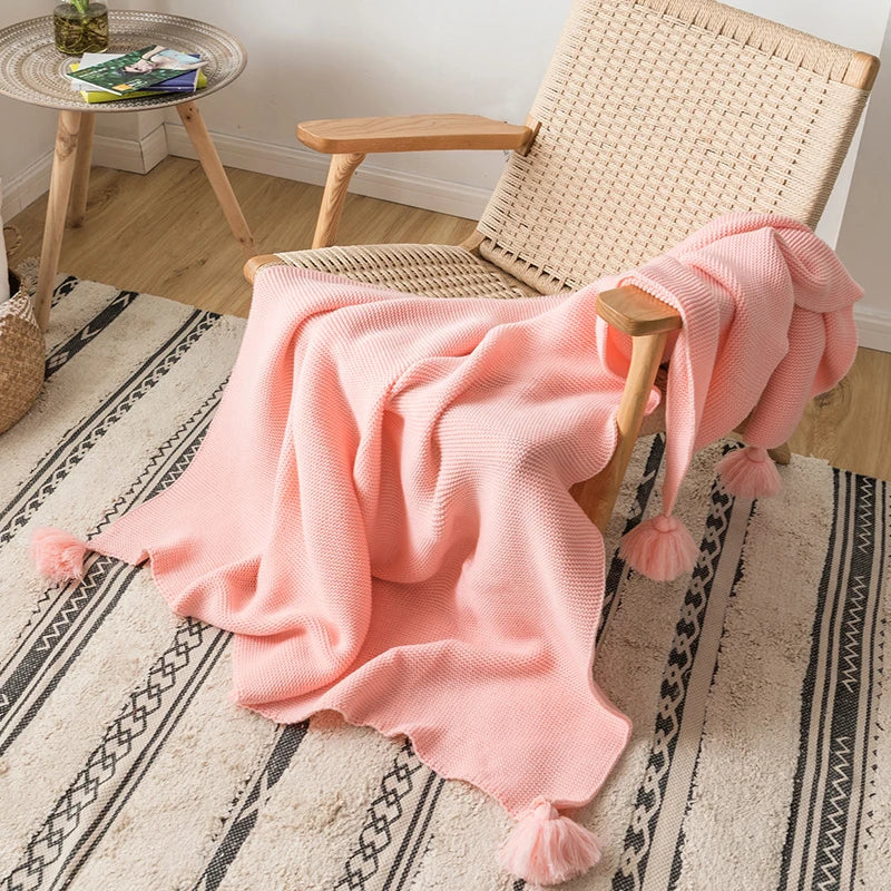 DecorBites™ Knit PomPom Tassel Throw Blanket - Soft Yellow Blanket 50"x62"