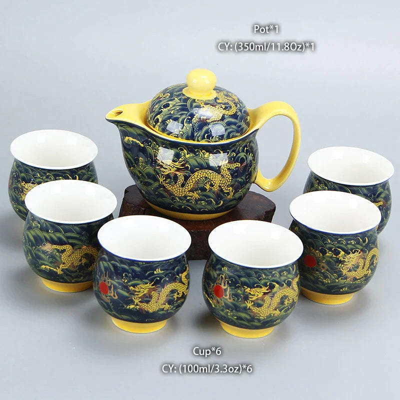 DecorBites™ Dragon Teapot Tea Set, Porcelain Kung Fu Teaware for Puer Oolong Ceremony