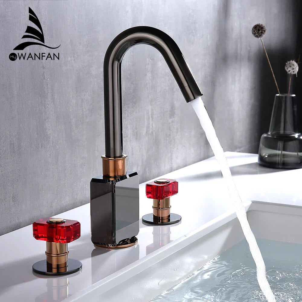 DecorBites™ Gray Brass Basin Faucets, Deck Mounted Double Handle Bathroom Sink Tap