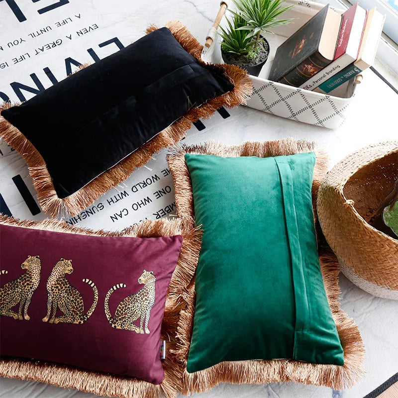 DecorBites™ Leopard Cheetah Print Fringed Cushion Cover in Dark Green, Burgundy, Black