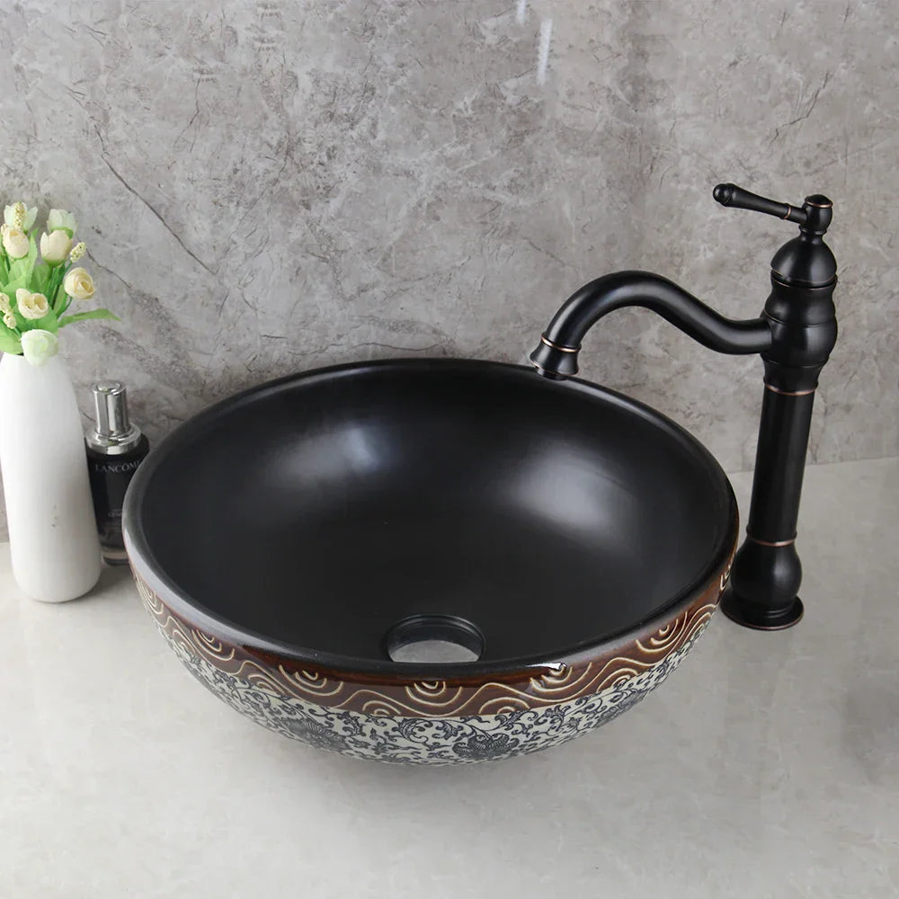 DecorBites™ Black Ceramics Sink with Hand-Painted Waterfall Design and Brass Faucet