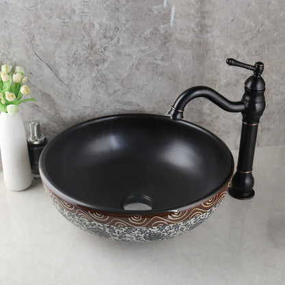 DecorBites™ Black Ceramics Sink with Hand-Painted Waterfall Design and Brass Faucet