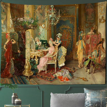DecorBites™ Court Woman Gothic Architecture Tapestry Wall Art with Rose Scenery & Pigeons