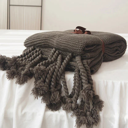 DecorBites™ Knit Throw Blanket Ivory Pink Solid Soft Plaid Tassels 50"x62"