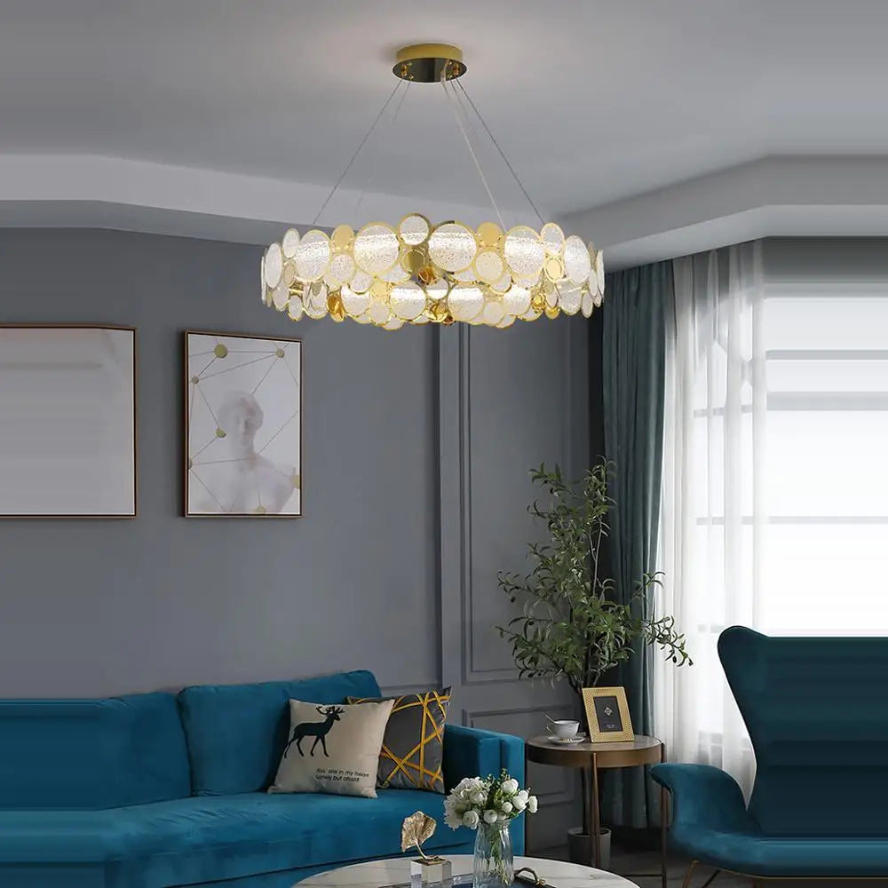 Gold Iron Glass Chandelier Oval93cm Steel Finish
