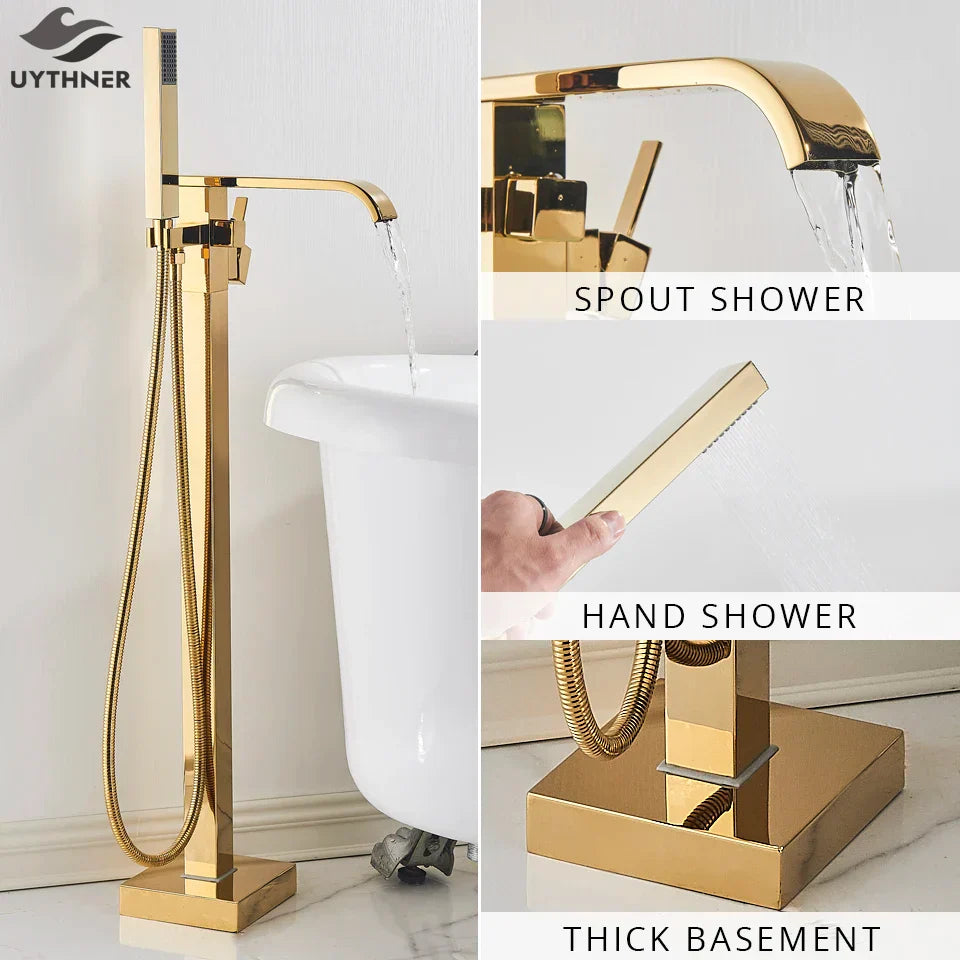 Gold Waterfall Bathtub Faucet Floor-Standing