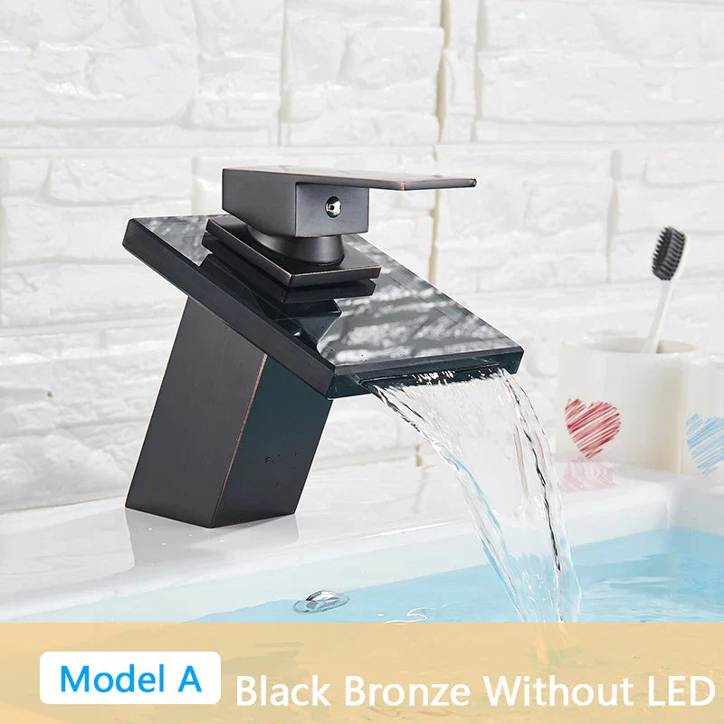 DecorBites™ LED Waterfall Bathroom Sink Faucet Black Bronze Single Handle Deck Mount