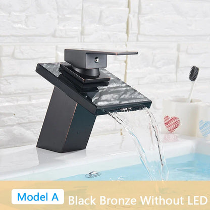 DecorBites™ LED Waterfall Bathroom Sink Faucet Black Bronze Single Handle Deck Mount