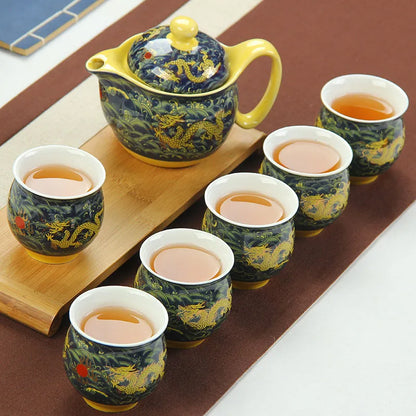 DecorBites™ Dragon Teapot Tea Set, Porcelain Kung Fu Teaware for Puer Oolong Ceremony