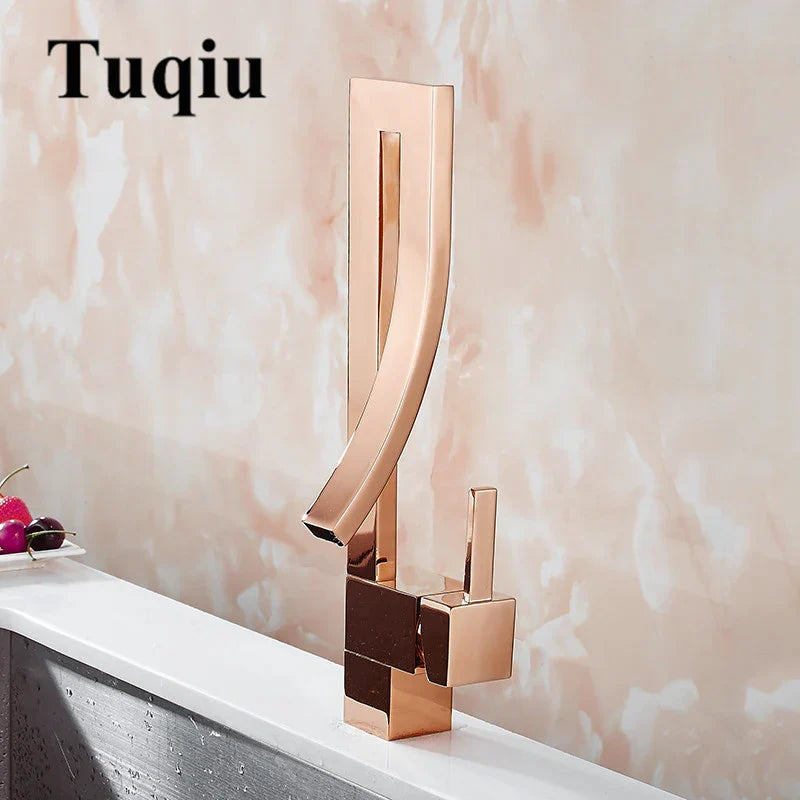 DecorBites™ Gold Brass Square Basin Faucet Single Handle Hot Cold Mixer Water Tap