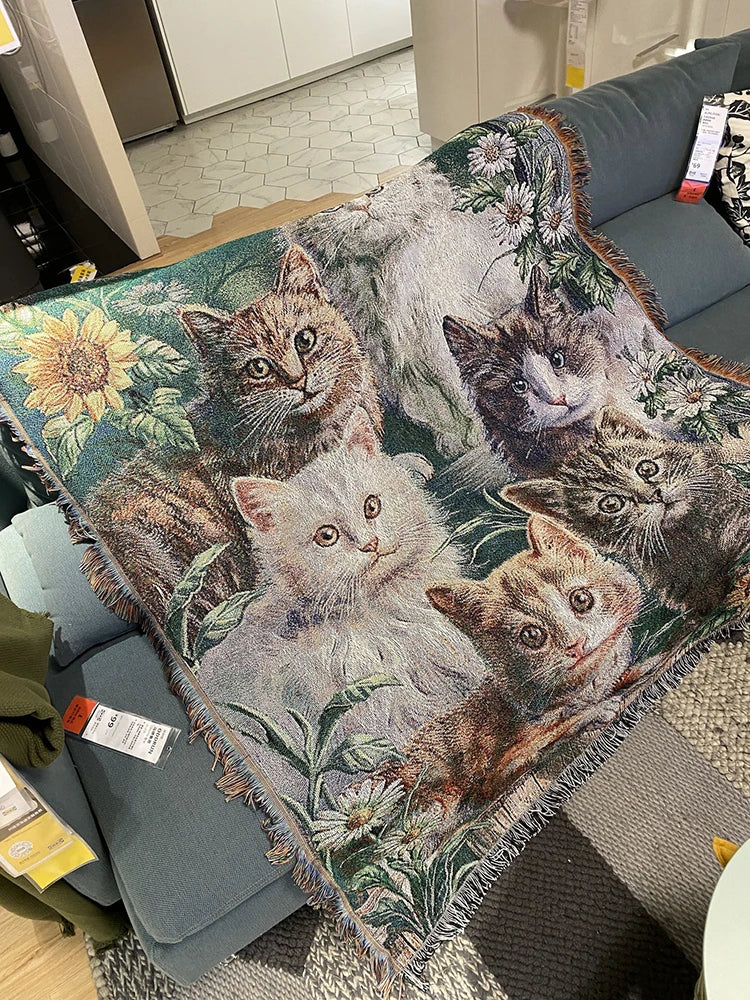 DecorBites™ Cat Sunflower Knitted Sofa Cover - Multi-functional Blanket, Bed Cover, Floor Mat, and Tapestry for Home Decor.