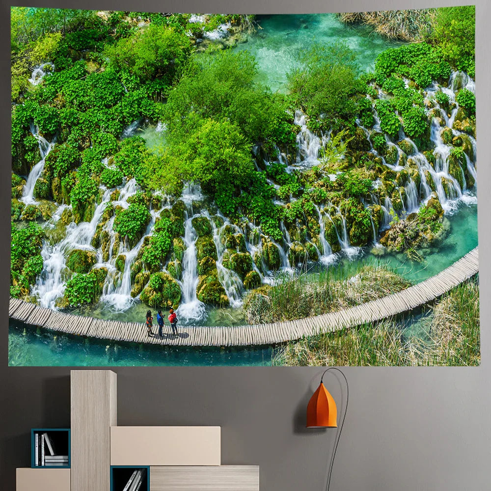 DecorBites™ Forest Waterfall Art Tapestry: Boho Hippie Decor Yoga Mat Sofa Blanket