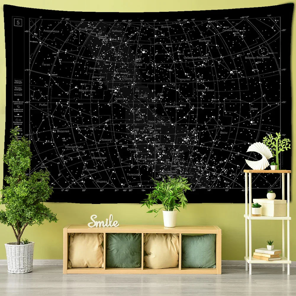 DecorBites™ Interstellar Sky Map Constellations Tapestry- Black Galactic Wall Decor