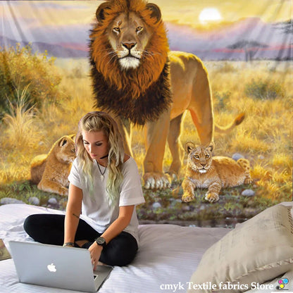 DecorBites™ Lion Tapestry African Grassland Animals Cartoon Wall Hanging Blanket