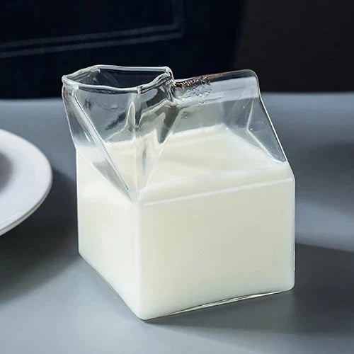 DecorBites™ Creative Milk Box Glass Cup - 250ml | Cute Transparent Drinkware for Juice and Coffee