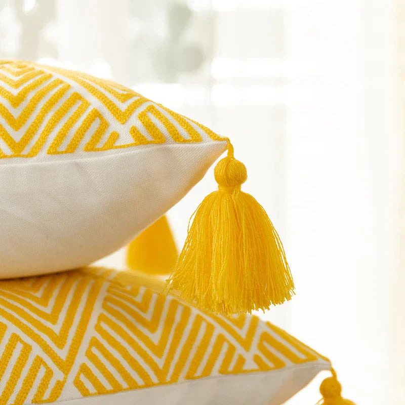 DecorBites™ Geometric Embroidery Canvas Cotton Cushion Cover for Sofa Bed in Yellow