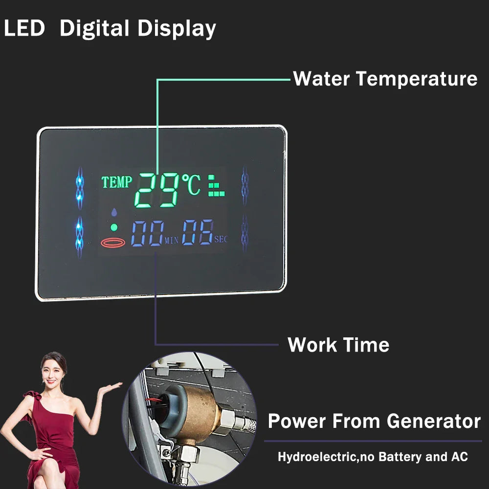 DecorBites™ LCD Black LED Rainfall Shower Panel with 5 Massage Jets Wall Mount