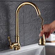 Gold Swivel Kitchen Faucet With Brass Construction