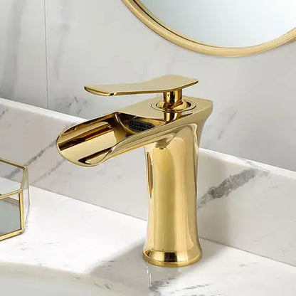 DecorBites™ Gold Waterfall Bathroom Basin Faucet, White Mixer Tap Hot Cold Sink Plugin