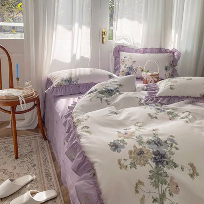 DecorBites™ Gardenia Print Princess Bedding Set with Ruffles and Pillowcases