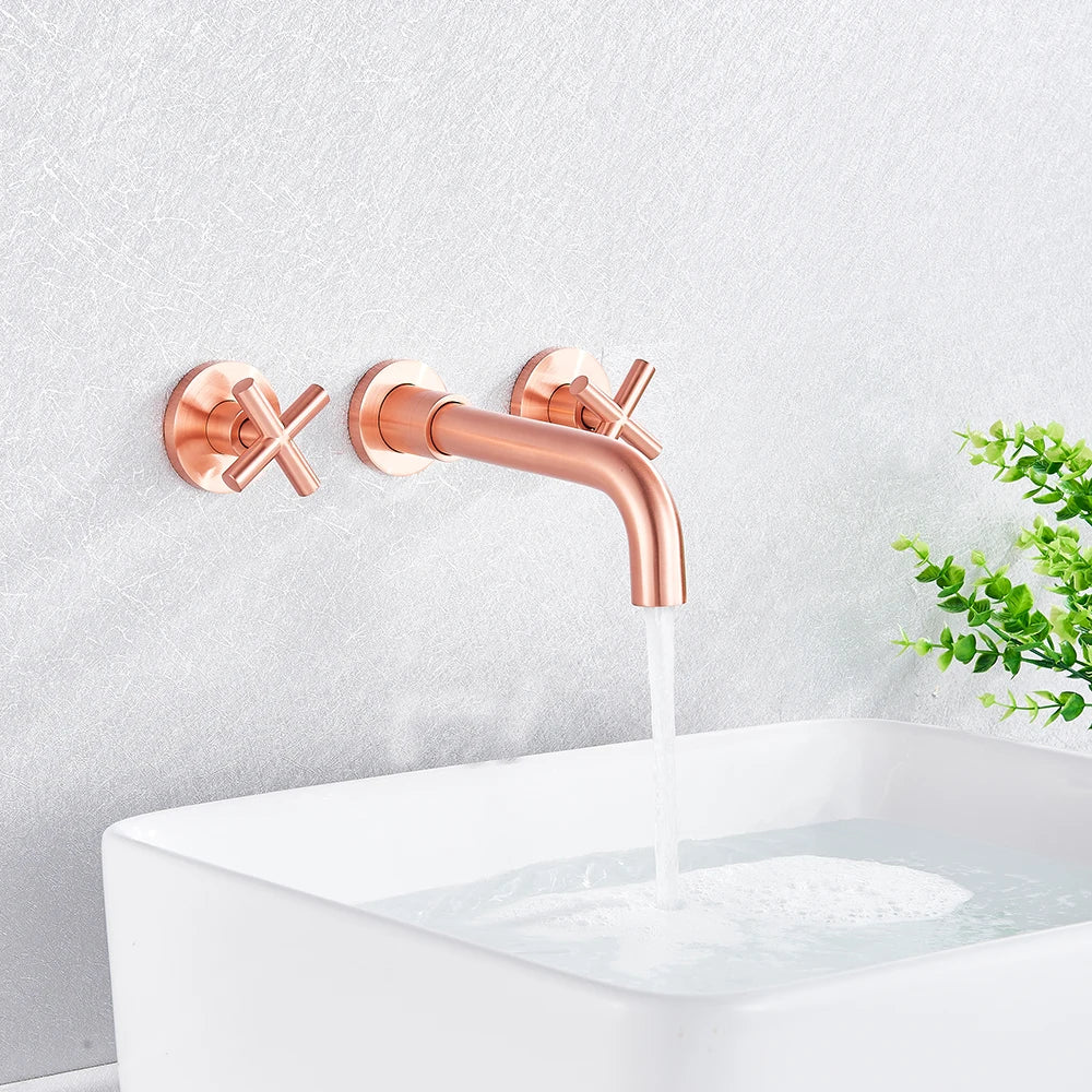 Gold Wall Basin Faucet Dual-Handle Brushed Gold