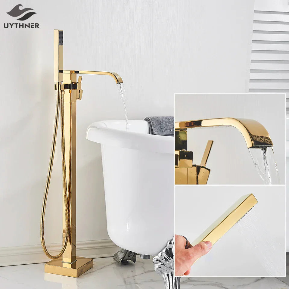 Gold Waterfall Bathtub Faucet Floor-Standing