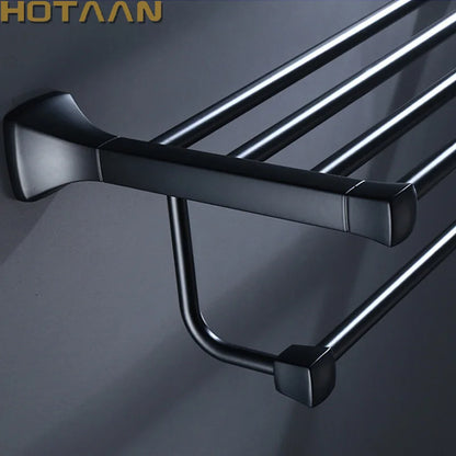 DecorBites™ Black Aluminum Towel Rack with Hook, Wall-mounted Bathroom Towel Holder and Shelf