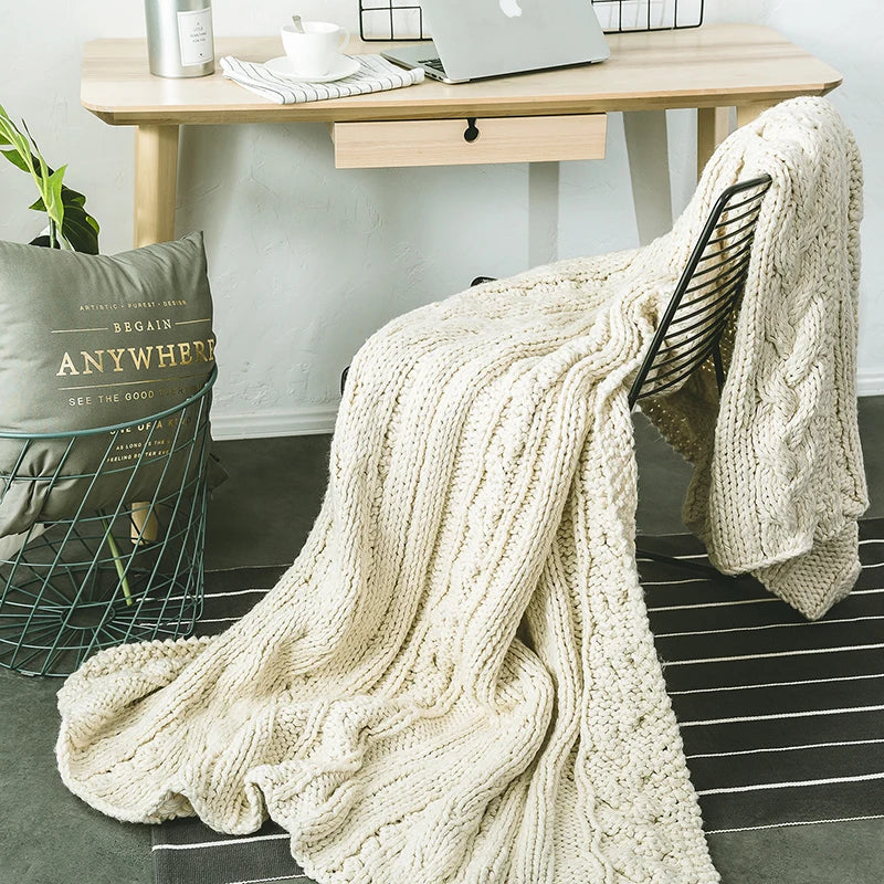 Khaki Wool Chunky Knit Blanket