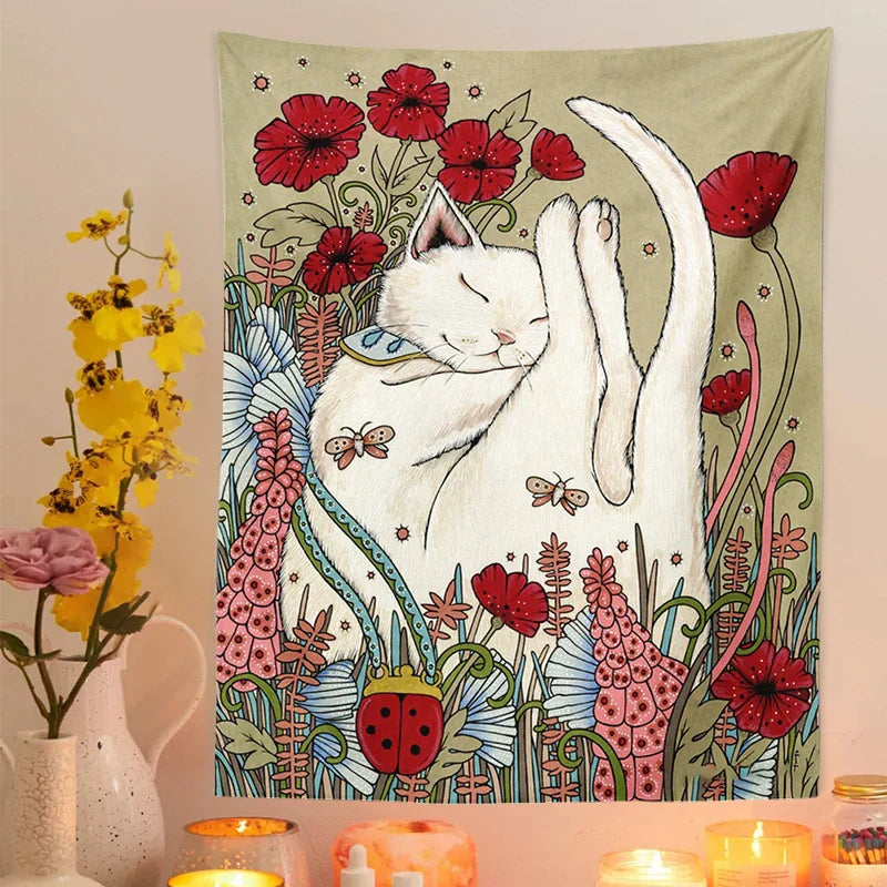 DecorBites™ Cute Cat Botanical Flower Ins Style Cartoon Wall Art Tapestries for Home Decor