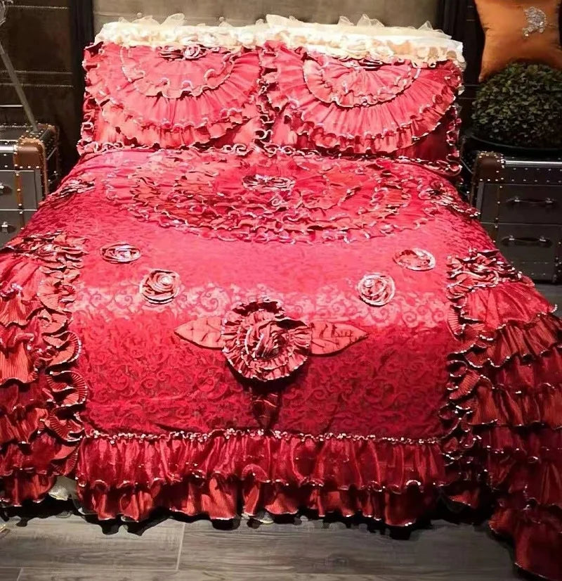 DecorBites™ Jacquard Rose Lace Bedding Set, Luxurious European Style, Red & Champagne