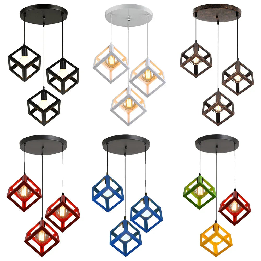 DecorBites™ Geometric Cube Pendant Lights Trio Metal Shades Square Ceiling Lamps