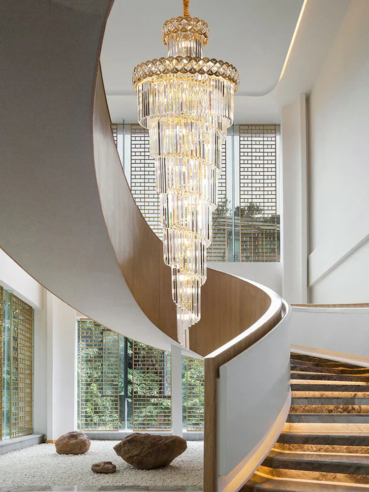 DecorBites™ Gold Stainless Steel Crystal Chandelier for Long Villa Staircase Lighting