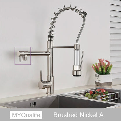 DecorBites™ Black Brass Kitchen Faucet with Dual Spout, 360 Rotation, Deck Mounted