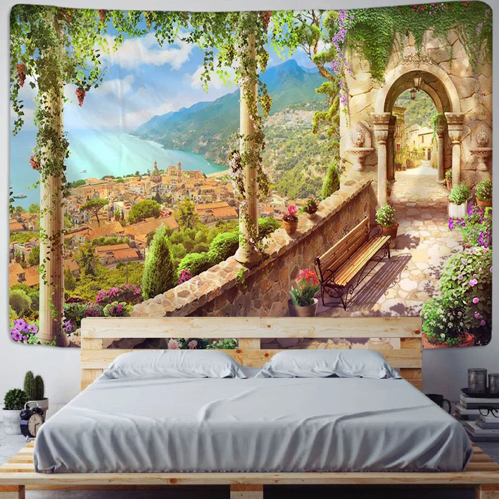 DecorBites™ Green Plant Landscape Tapestry | Boho Wall Hanging for City Castle Hill