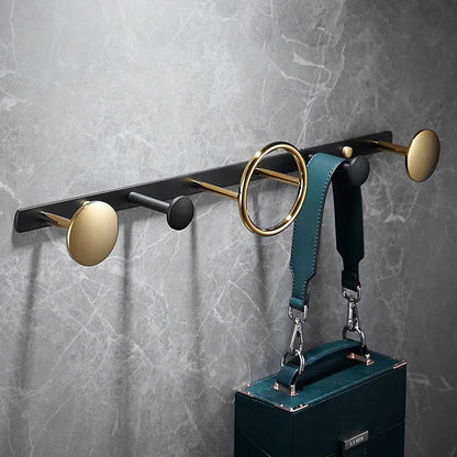 DecorBites™ Gold & Black Bathroom Hardware Set: Shelf, Towel Rack, Paper Holder, Brush Holder