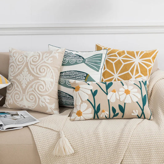 DecorBites™ Embroidered Daisy Floral Fish Pillow Cover 45x45cm/30x50cm Yellow Blue