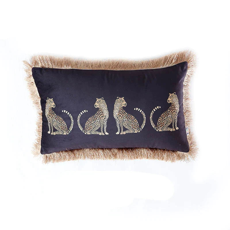 DecorBites™ Leopard Cheetah Print Fringed Cushion Cover in Dark Green, Burgundy, Black