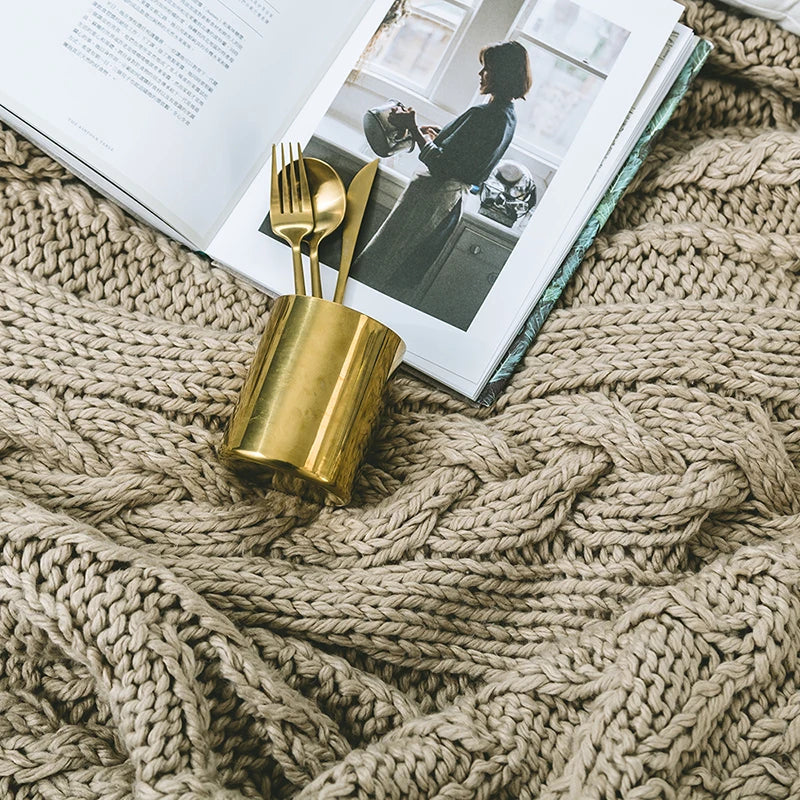 Khaki Wool Chunky Knit Blanket