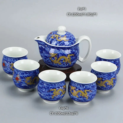 DecorBites™ Dragon Teapot Tea Set, Porcelain Kung Fu Teaware for Puer Oolong Ceremony