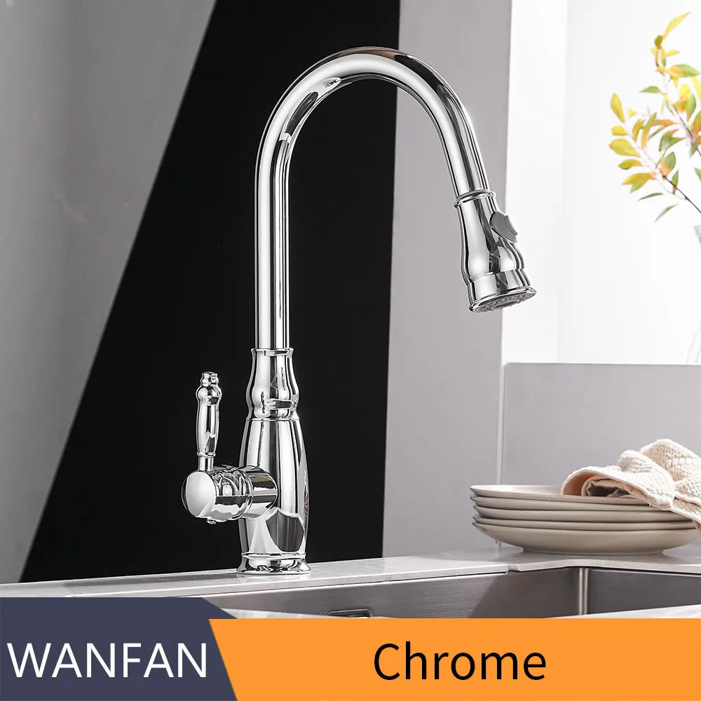 DecorBites™ Gold Kitchen Sink Mixer Faucet with Pull Out Spray Head Rotation - WF-4118