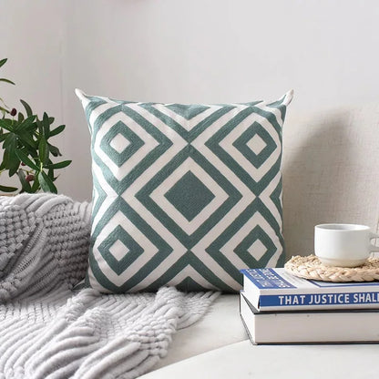 DecorBites™ Geometric Embroidered Cushion Cover Grey Black Blue Square Pillow 45x45cm