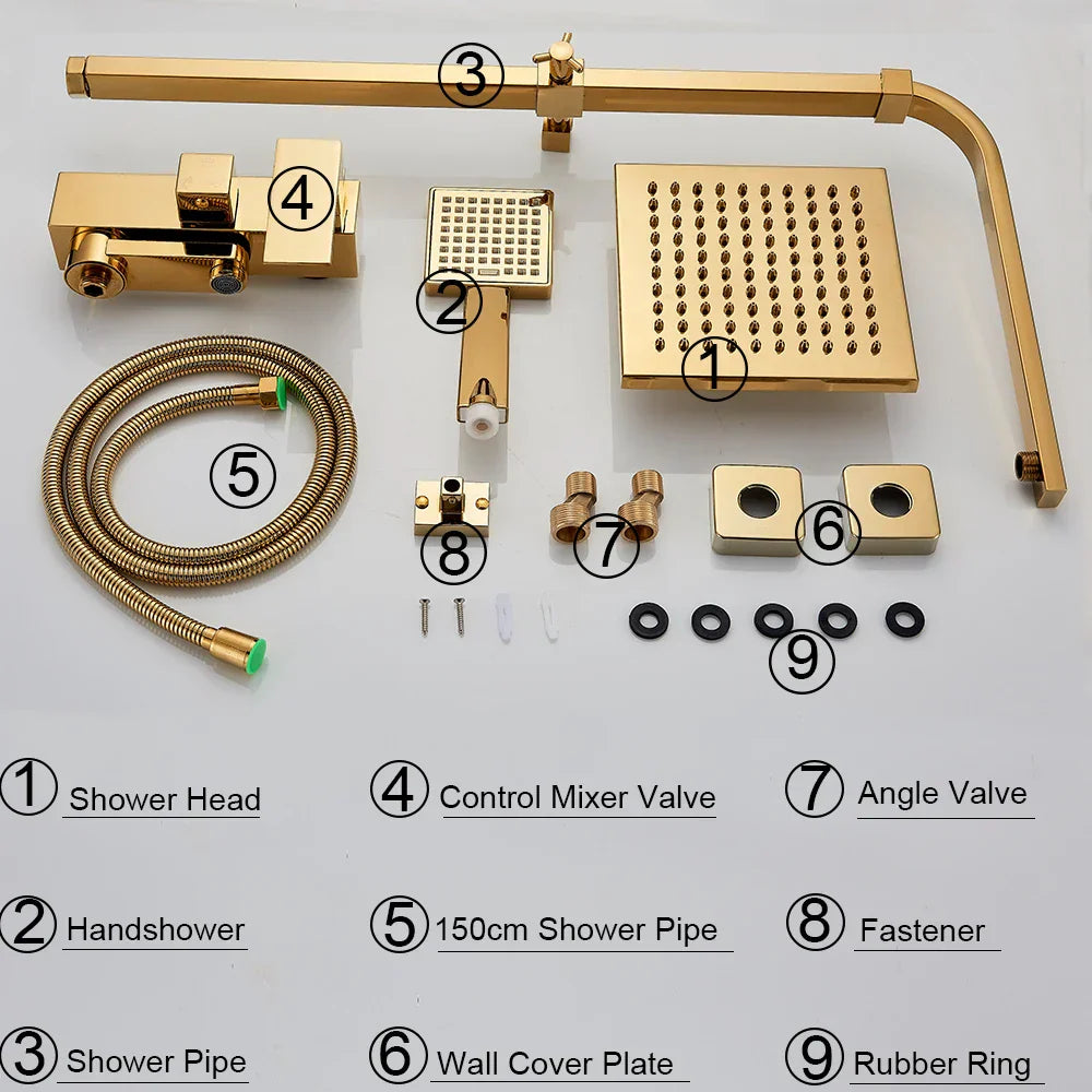 Gold Rainfall Shower Set 8-Inch Wall-Mounted Head